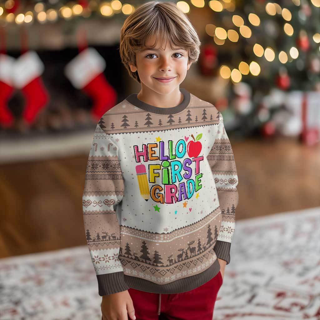 Hello First Grade Teacher Ugly Christmas Sweater Back To School 1st Grade Team TS10 Mocha Mousse Print Your Wear
