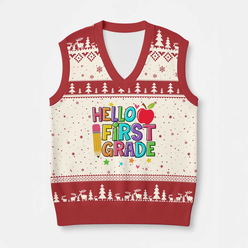 Hello First Grade Teacher V-Neck Knit Sweater Vest Back To School 1st Grade Team TS10 Beige Red Print Your Wear