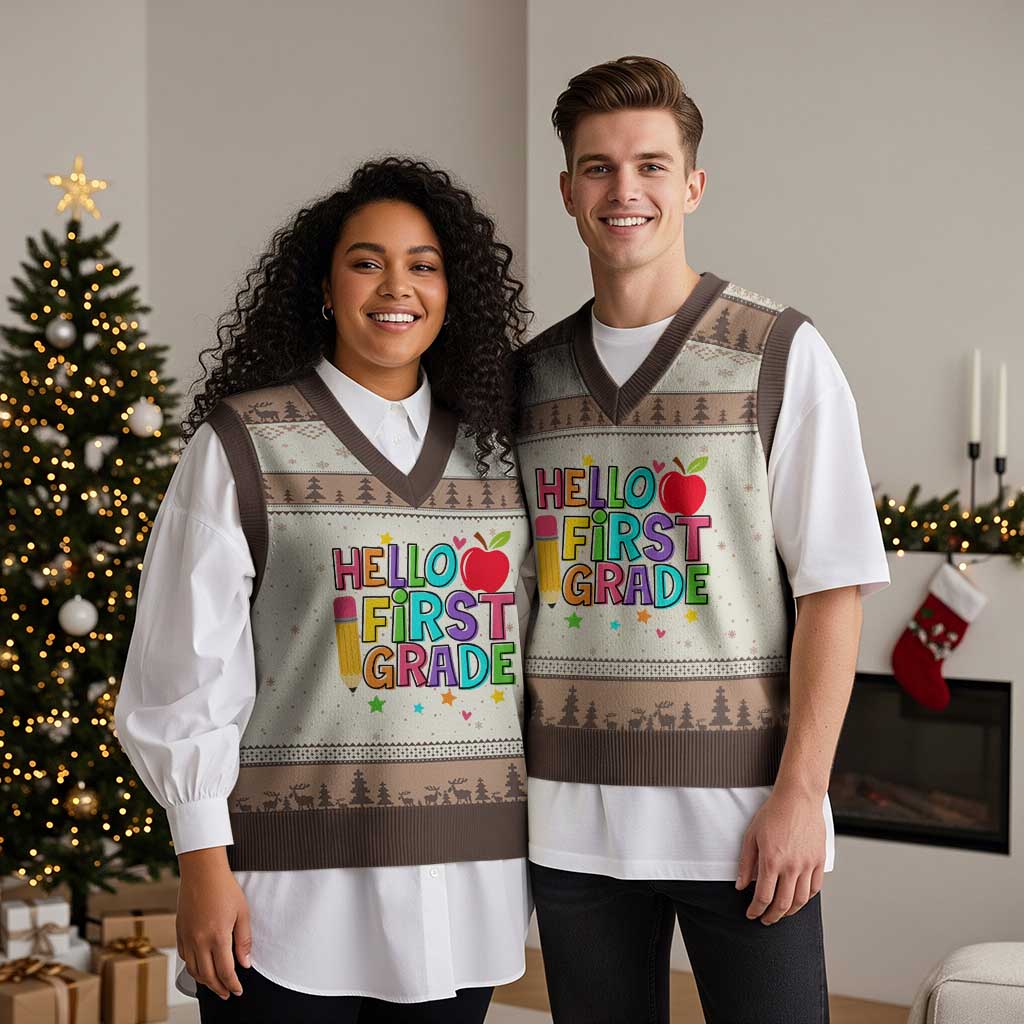 Hello First Grade Teacher V-Neck Knit Sweater Vest Back To School 1st Grade Team TS10 Mocha Mousse Print Your Wear