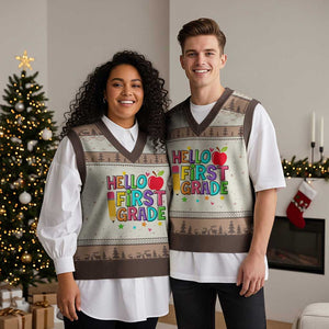 Hello First Grade Teacher V-Neck Knit Sweater Vest Back To School 1st Grade Team TS10 Mocha Mousse Print Your Wear