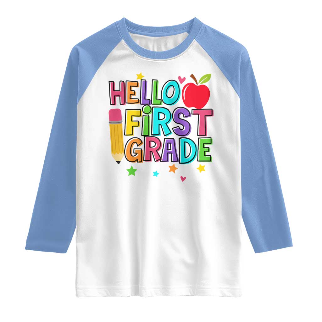 Hello First Grade Teacher Raglan Shirt Back To School 1st Grade Team TS10 White Carolina Blue Print Your Wear
