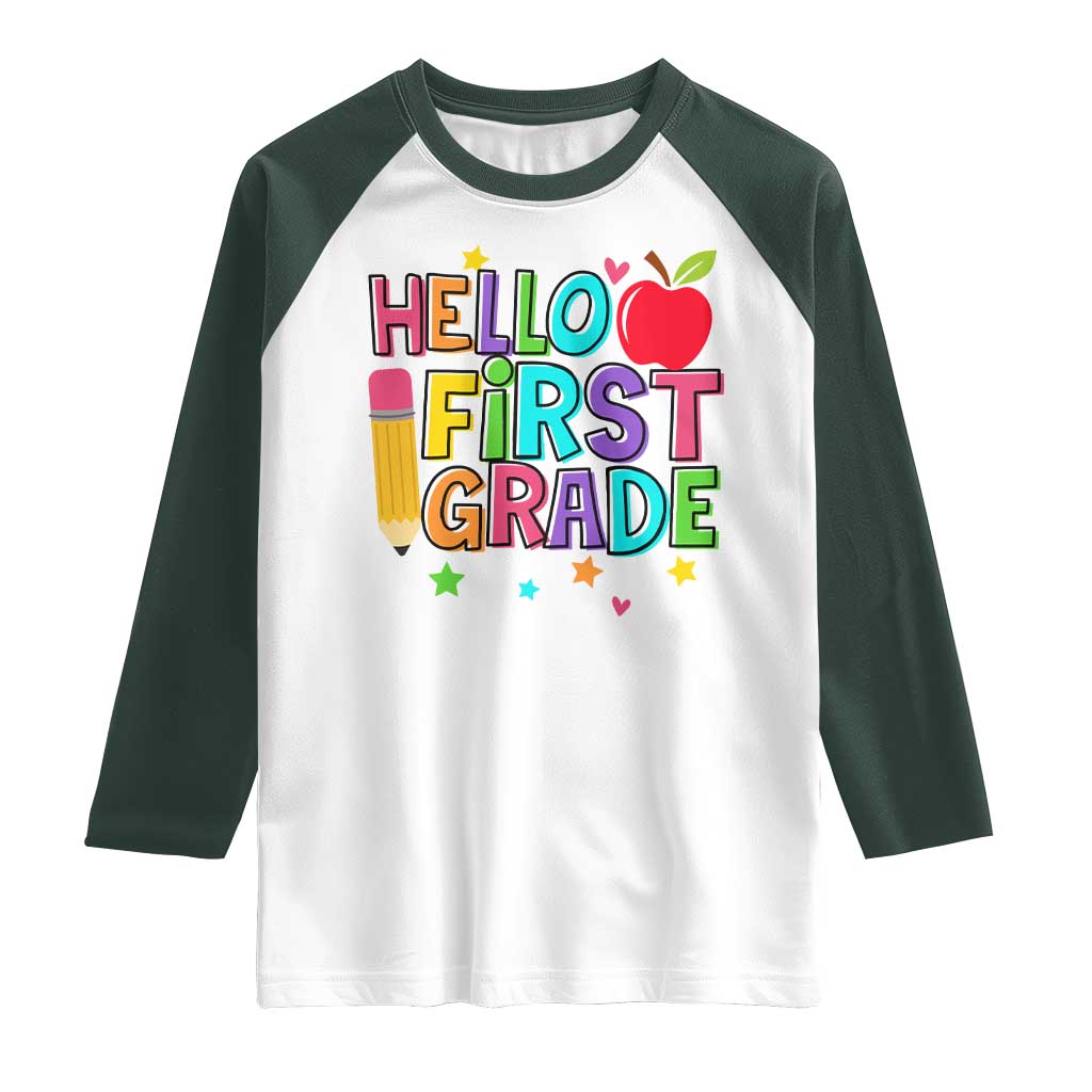 Hello First Grade Teacher Raglan Shirt Back To School 1st Grade Team TS10 White Dark Forest Green Print Your Wear