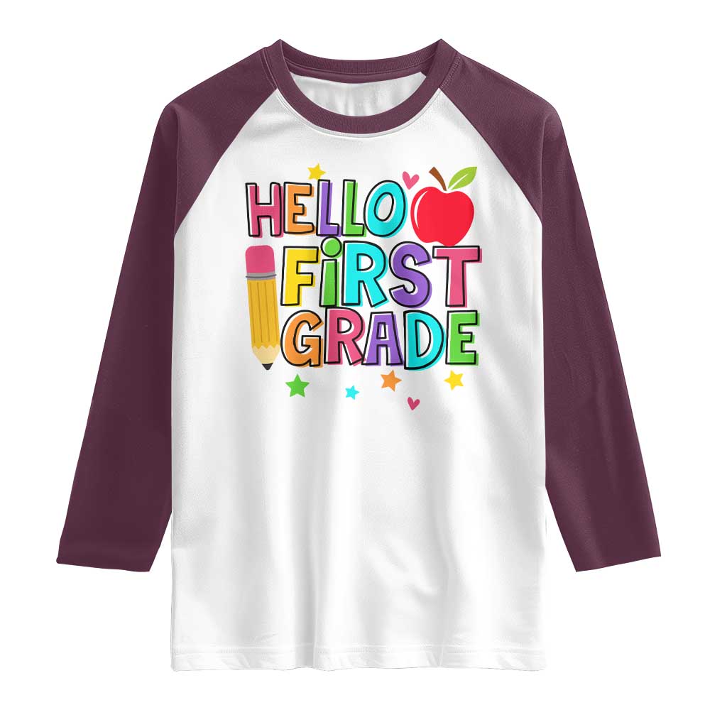 Hello First Grade Teacher Raglan Shirt Back To School 1st Grade Team TS10 White Maroon Print Your Wear