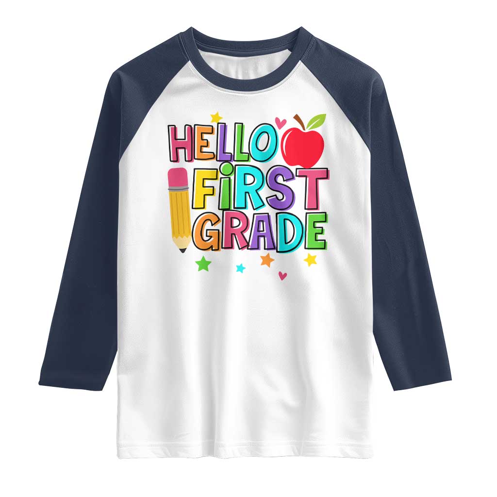 Hello First Grade Teacher Raglan Shirt Back To School 1st Grade Team TS10 White Navy Print Your Wear