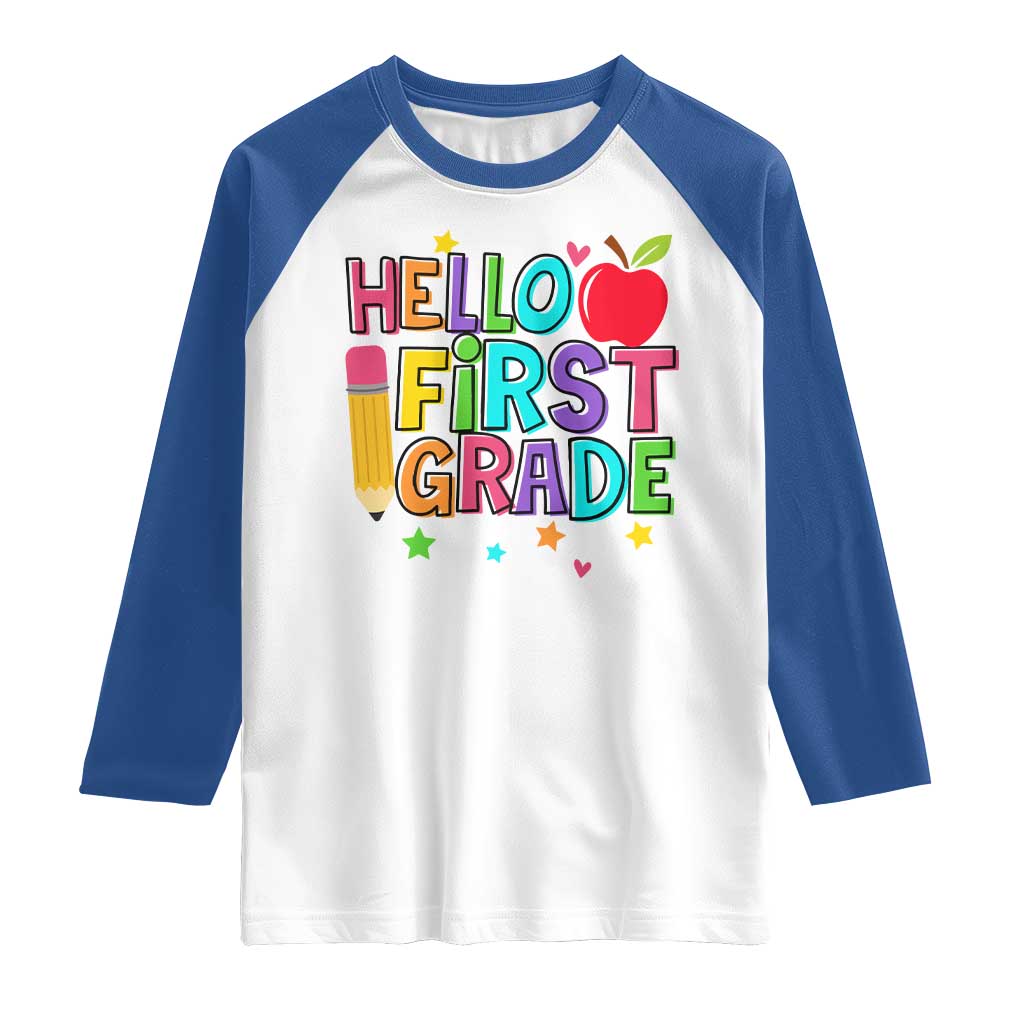 Hello First Grade Teacher Raglan Shirt Back To School 1st Grade Team TS10 White Royal Print Your Wear