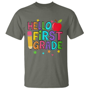 Hello First Grade Teacher T Shirt Back To School 1st Grade Team TS10 Military Green Print Your Wear