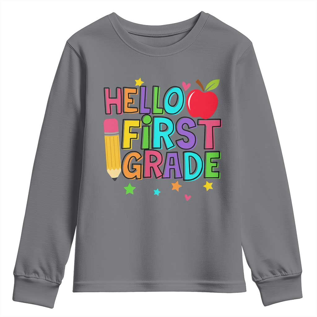 Hello First Grade Teacher Youth Sweatshirt Back To School 1st Grade Team TS10 Charcoal Print Your Wear