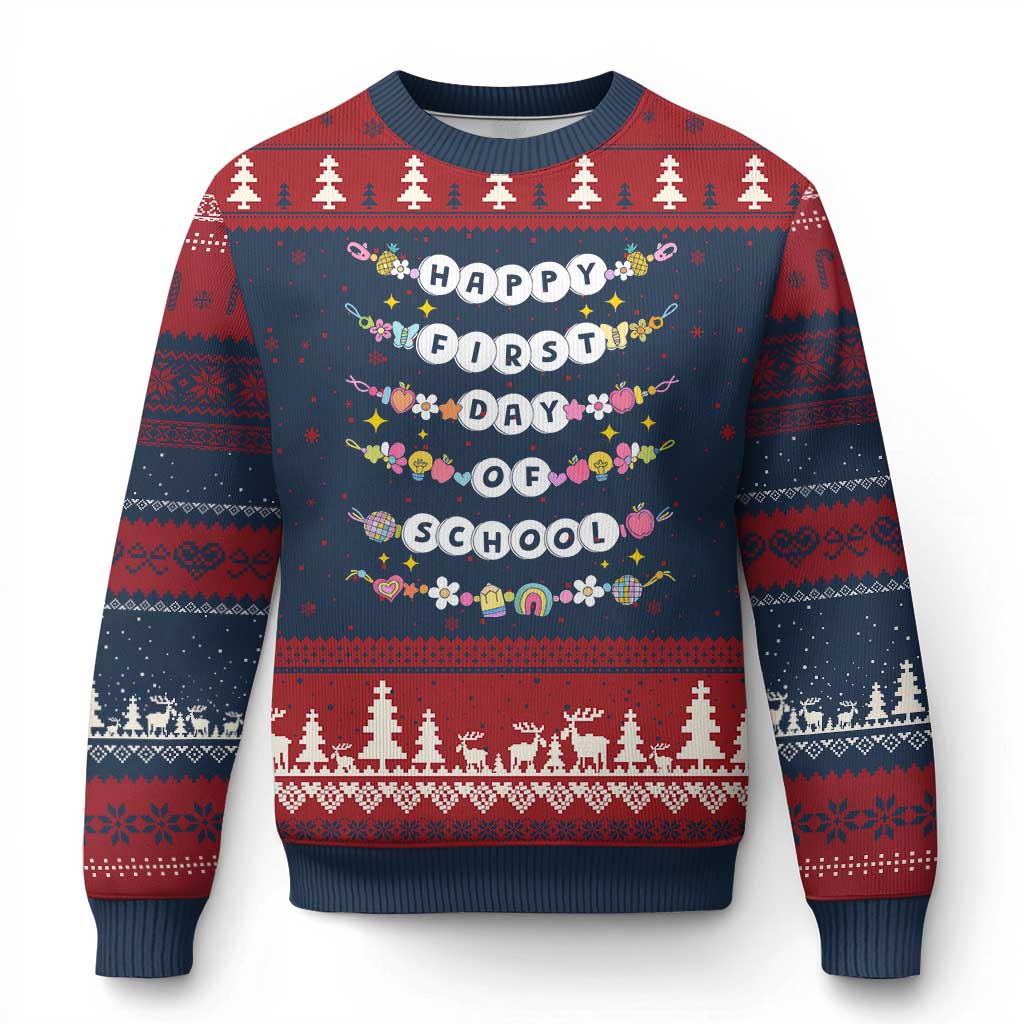 Happy First Day Of School Ugly Christmas Sweater Teacher Kids Back To School Bracelets TS10 Navy Red Print Your Wear