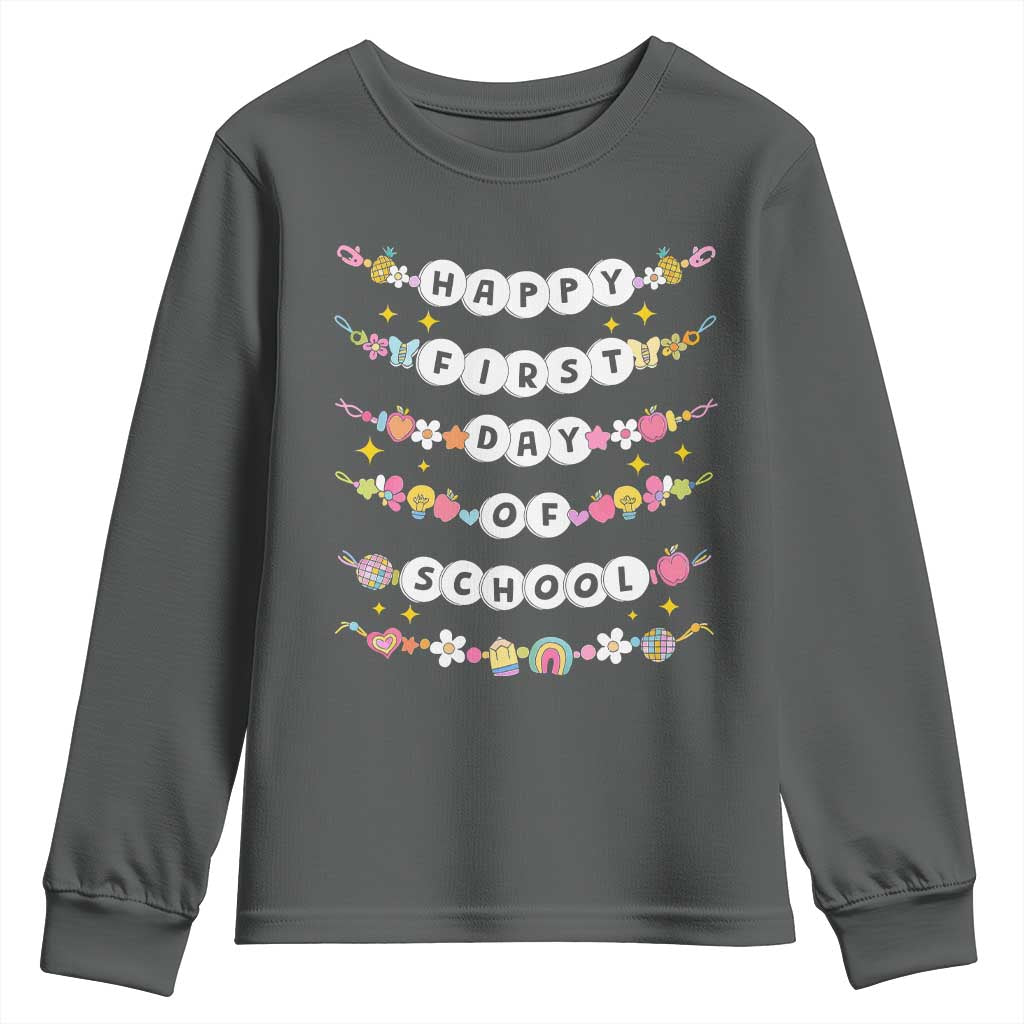 Happy First Day Of School Youth Sweatshirt Teacher Kids Back To School Bracelets TS10 Dark Heather Print Your Wear
