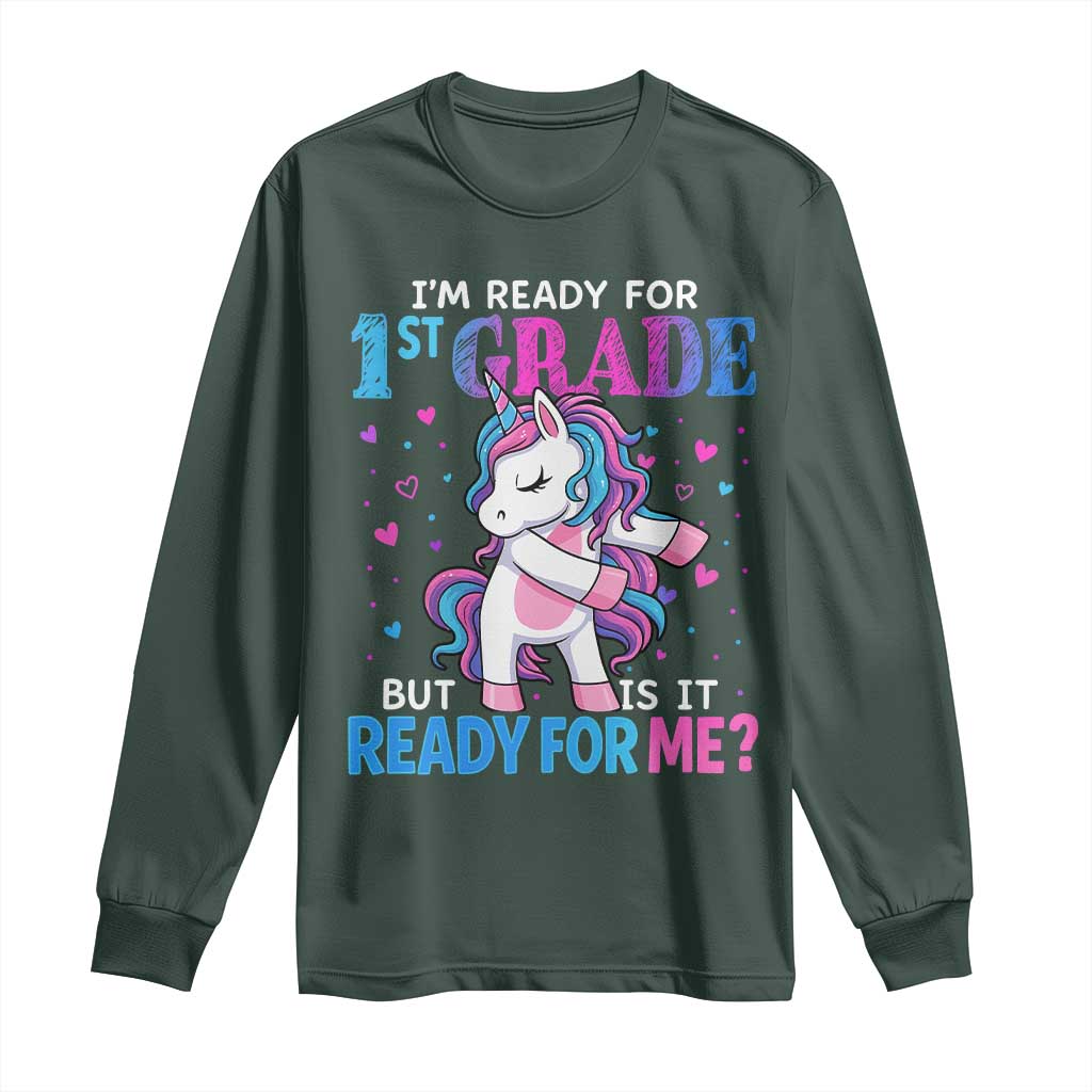 Funny Back To School 1st Grade Long Sleeve Shirt First Grade Unicorn Girls TS10 Dark Forest Green Print Your Wear