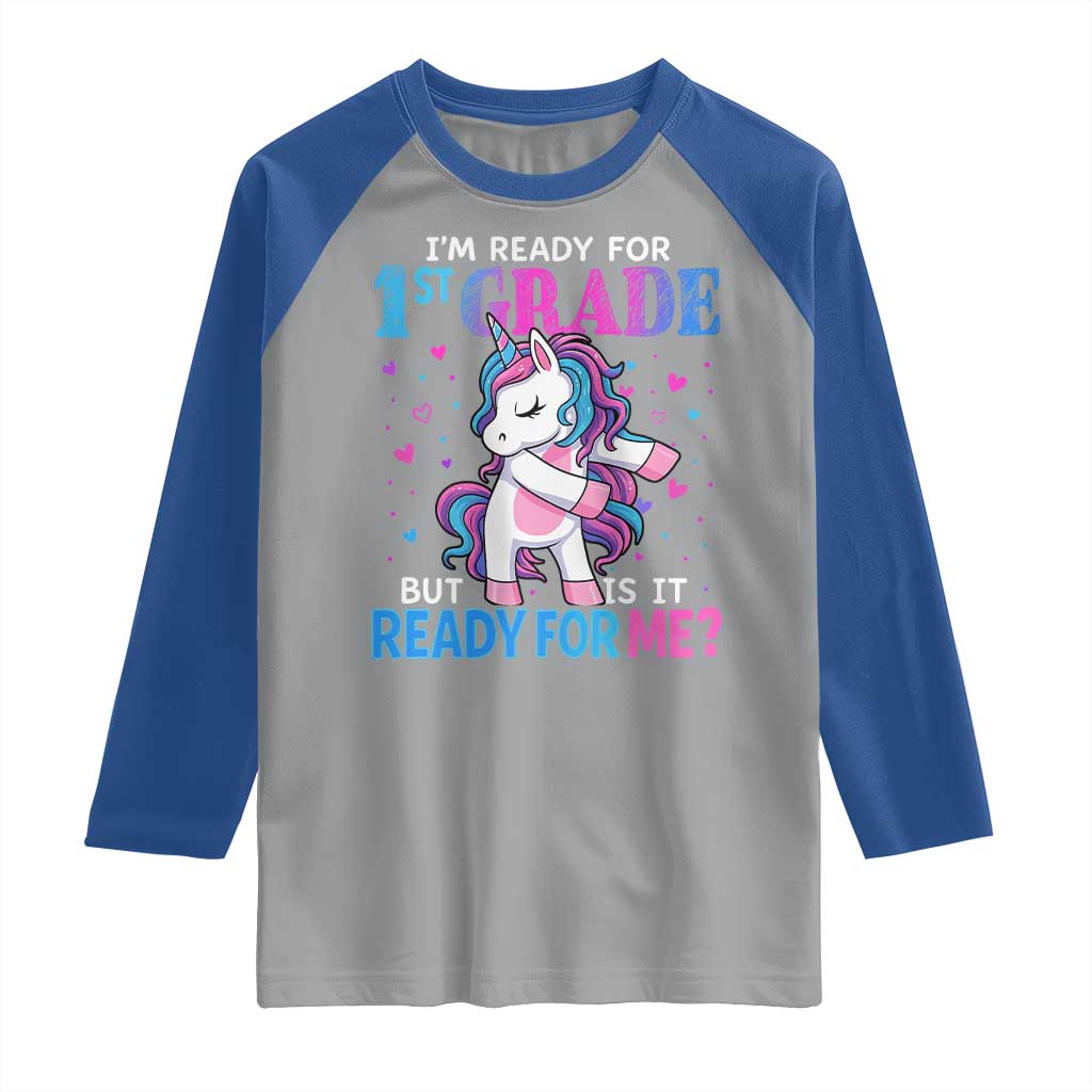 Funny Back To School 1st Grade Raglan Shirt First Grade Unicorn Girls TS10 Sport Gray Royal Print Your Wear