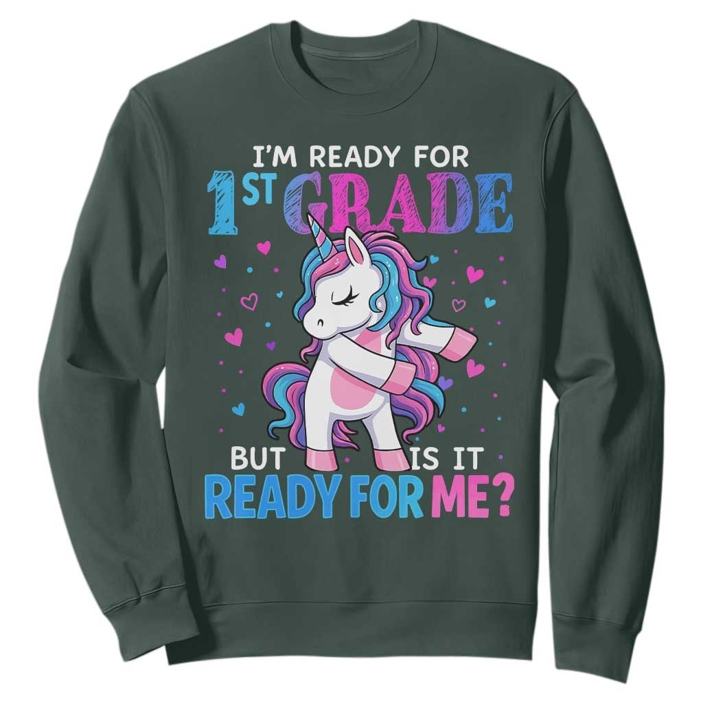 Funny Back To School 1st Grade Sweatshirt First Grade Unicorn Girls TS10 Dark Forest Green Print Your Wear