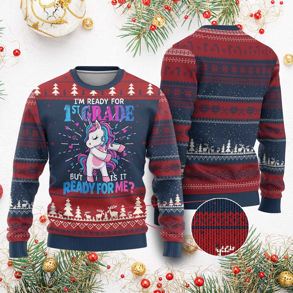 Funny Back To School 1st Grade Knit Sweatshirt First Grade Unicorn Girls TS10 Burgundy Print Your Wear