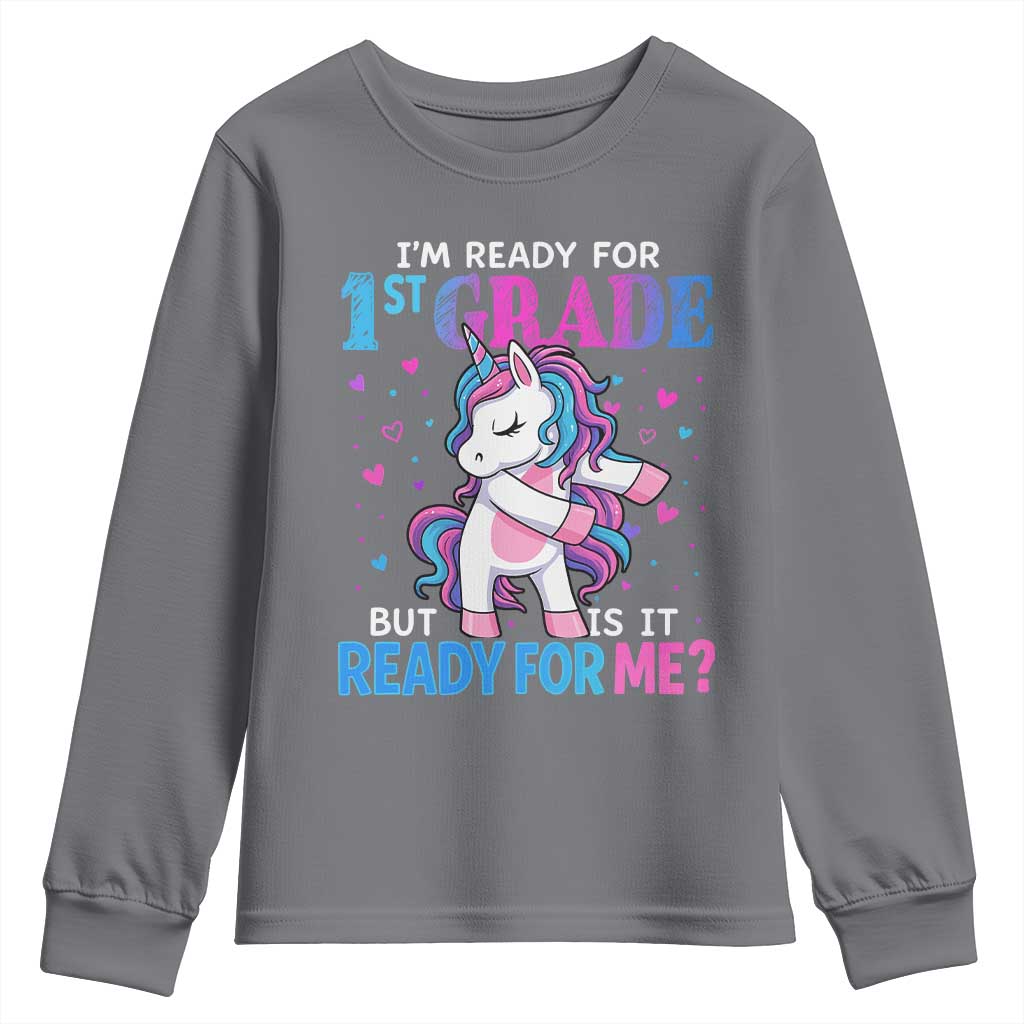Funny Back To School 1st Grade Youth Sweatshirt First Grade Unicorn Girls TS10 Charcoal Print Your Wear