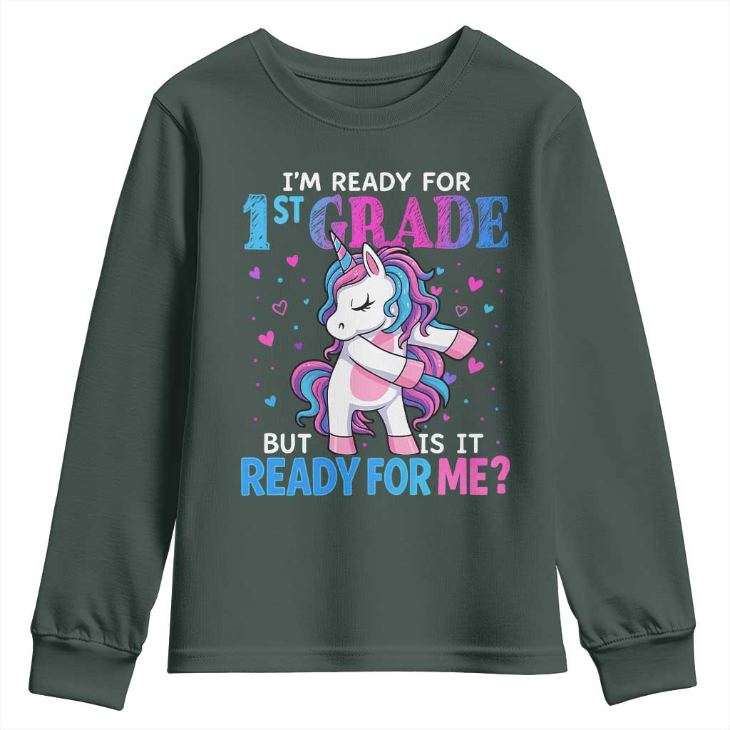 Funny Back To School 1st Grade Youth Sweatshirt First Grade Unicorn Girls TS10 Dark Forest Green Print Your Wear