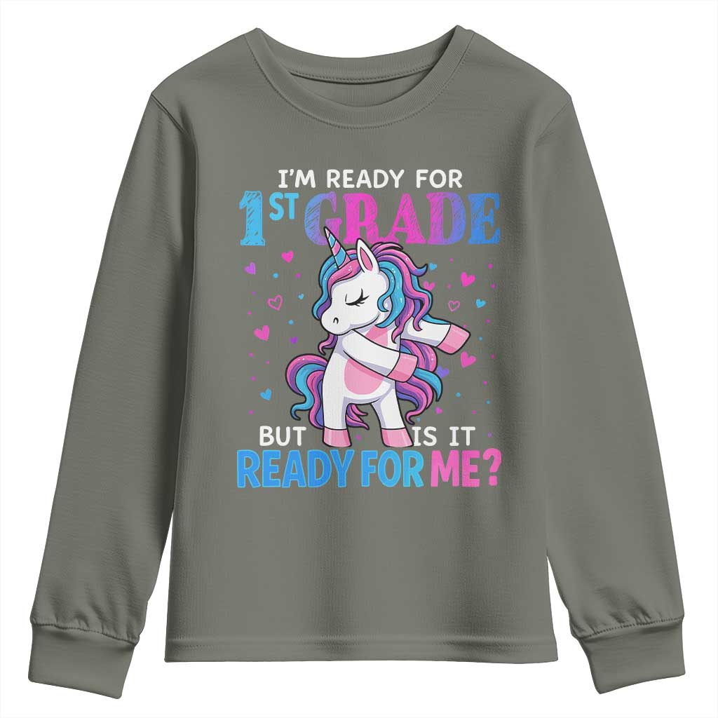 Funny Back To School 1st Grade Youth Sweatshirt First Grade Unicorn Girls TS10 Military Green Print Your Wear