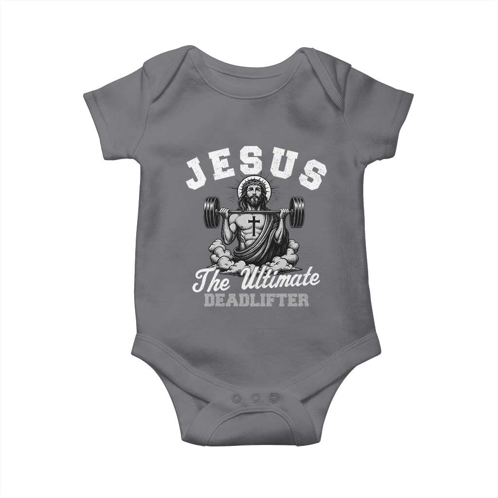 Jesus Deadlifting Baby Onesie The Ultimate Deadlifter Christian TS10 Charcoal Print Your Wear