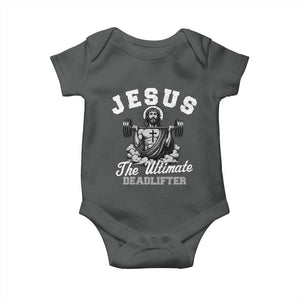 Jesus Deadlifting Baby Onesie The Ultimate Deadlifter Christian TS10 Dark Heather Print Your Wear