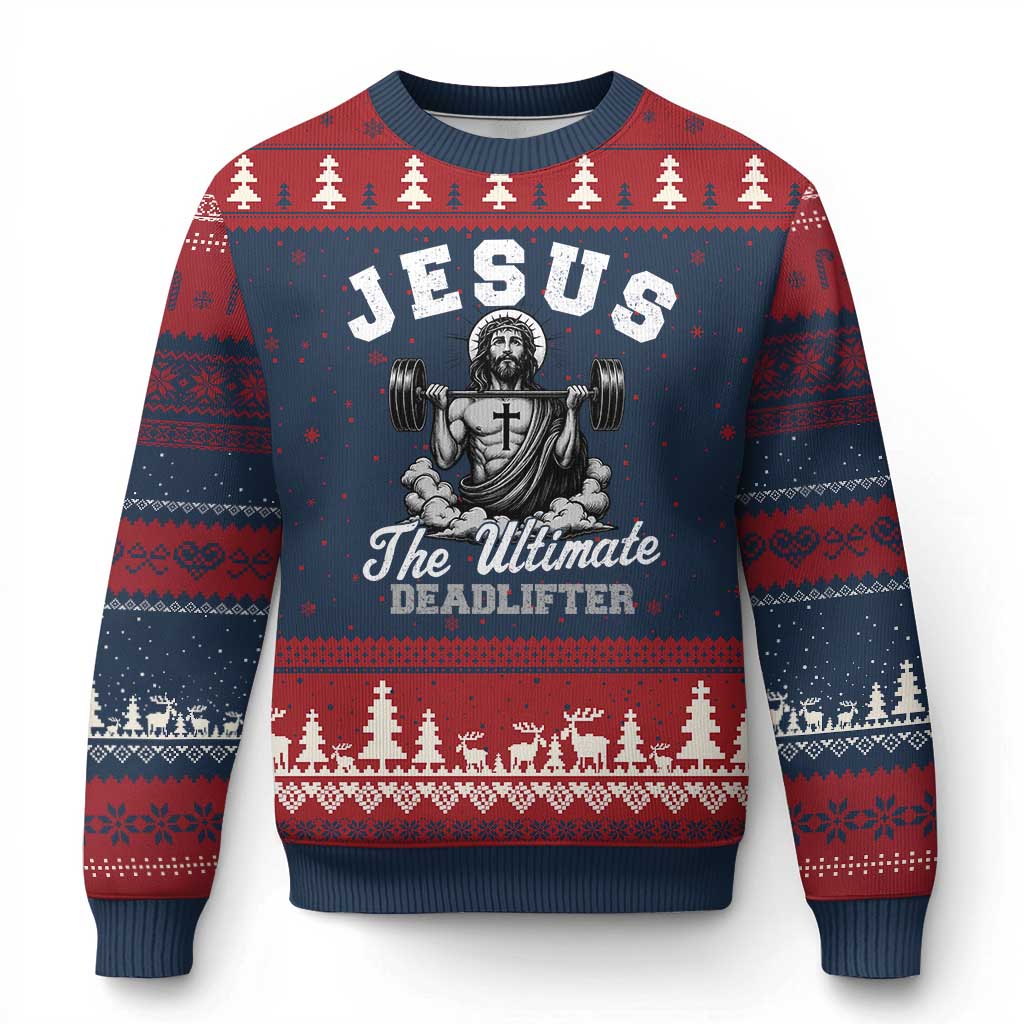 Jesus Deadlifting Ugly Christmas Sweater The Ultimate Deadlifter Christian TS10 Navy Red Print Your Wear