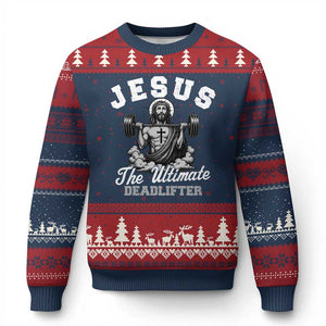Jesus Deadlifting Ugly Christmas Sweater The Ultimate Deadlifter Christian TS10 Navy Red Print Your Wear
