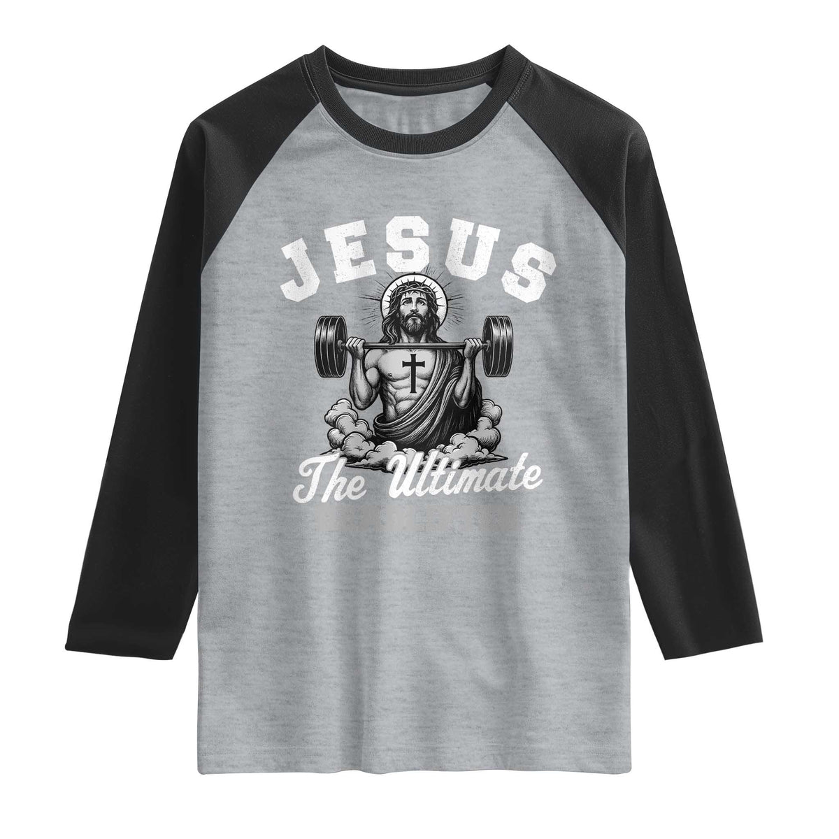 Jesus Deadlifting Raglan Shirt The Ultimate Deadlifter Christian TS10 Heather Gray Black Print Your Wear