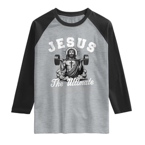 Jesus Deadlifting Raglan Shirt The Ultimate Deadlifter Christian TS10 Heather Gray Black Print Your Wear