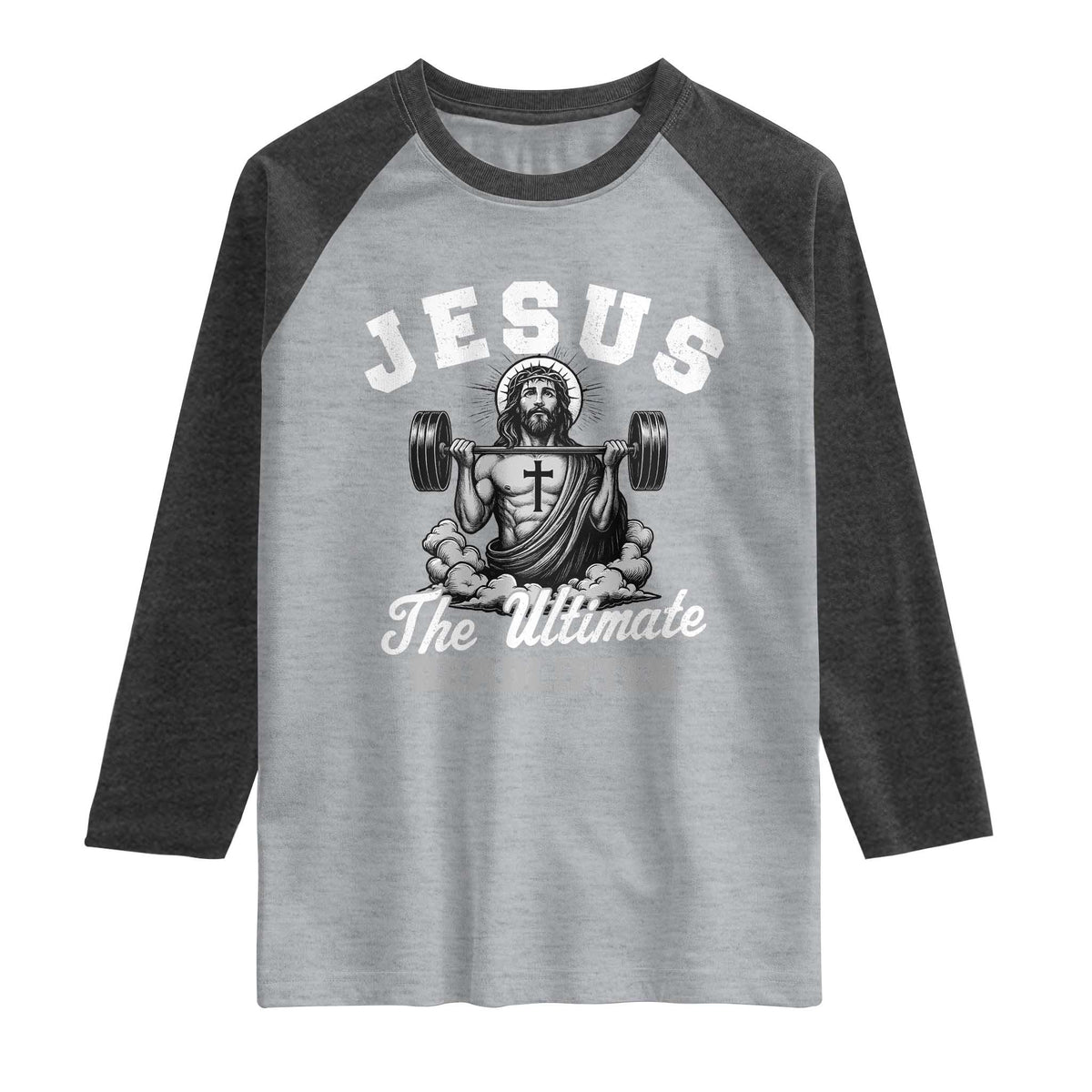 Jesus Deadlifting Raglan Shirt The Ultimate Deadlifter Christian TS10 Heather Gray Heather Charcoal Print Your Wear