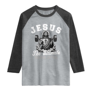 Jesus Deadlifting Raglan Shirt The Ultimate Deadlifter Christian TS10 Heather Gray Heather Charcoal Print Your Wear