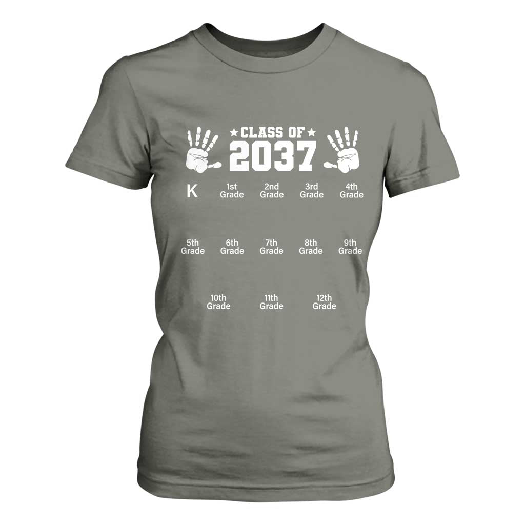 Class of 2037 Grow With Me T Shirt For Women Handprint K to 12th Grade Graduation TS10 Military Green Print Your Wear