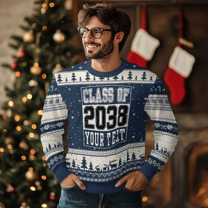 Personalized Class of 2038 Ugly Christmas Sweater Custom Name Grow With Me To Graduation TS10 Navy Beige Print Your Wear