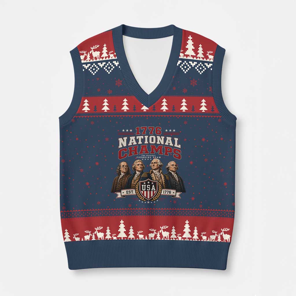 Funny Founding Fathers USA 250th Anniversary V-Neck Knit Sweater Vest 1776 Championship Parody American Flag Vintage Patriotic Humor