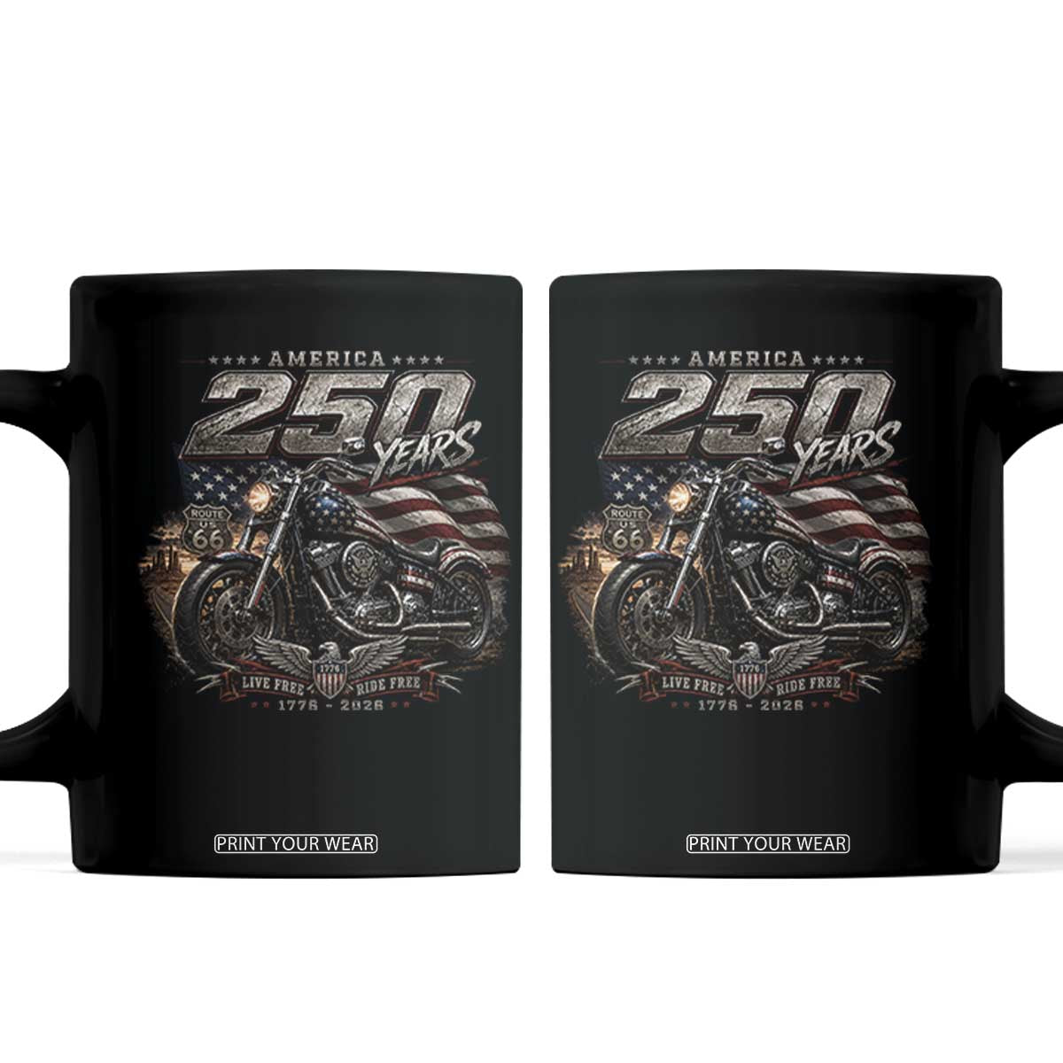 Retro Biker USA 250th Anniversary Coffee Mug Vintage Motorcycle American Flag Route 66 Highway