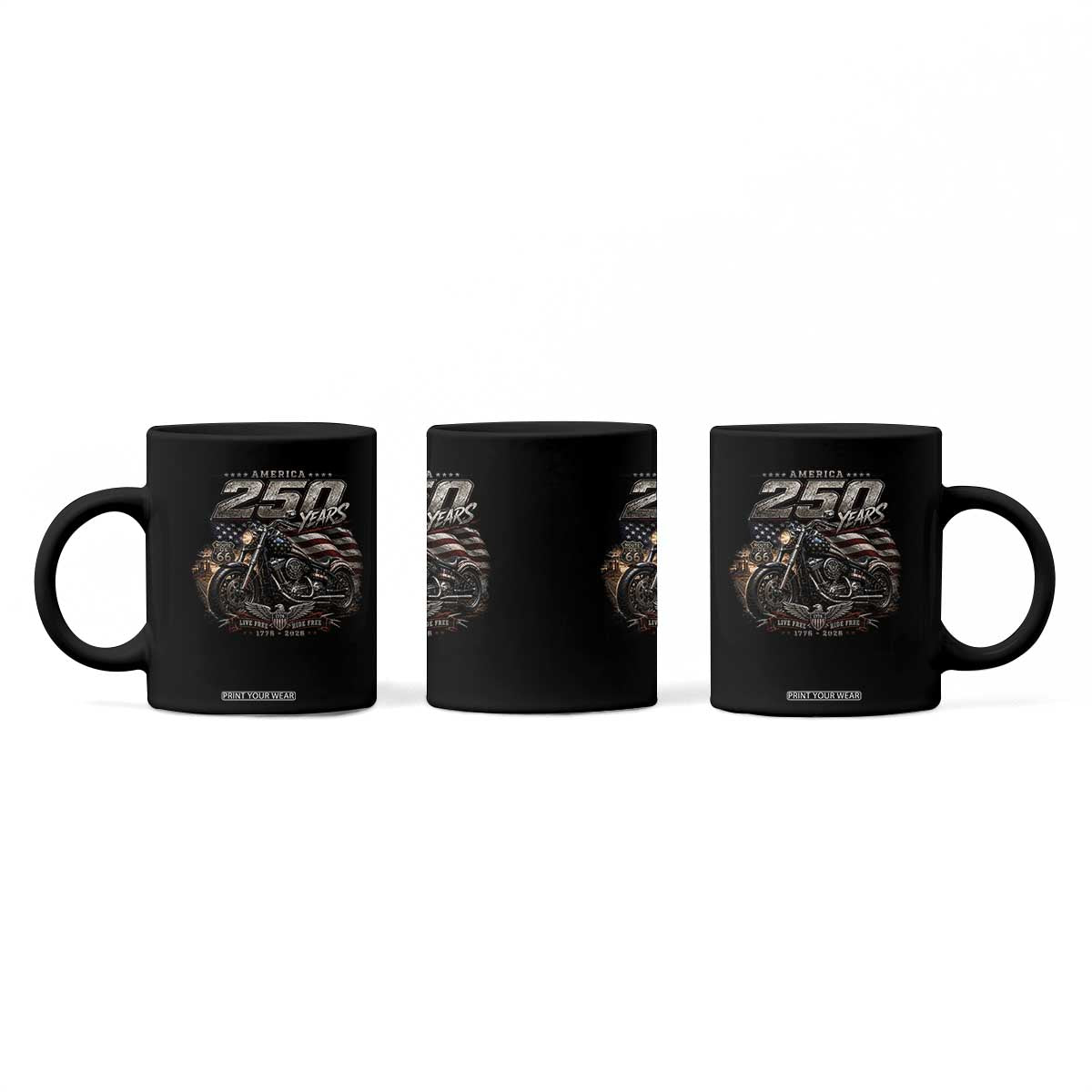 Retro Biker USA 250th Anniversary Coffee Mug Vintage Motorcycle American Flag Route 66 Highway