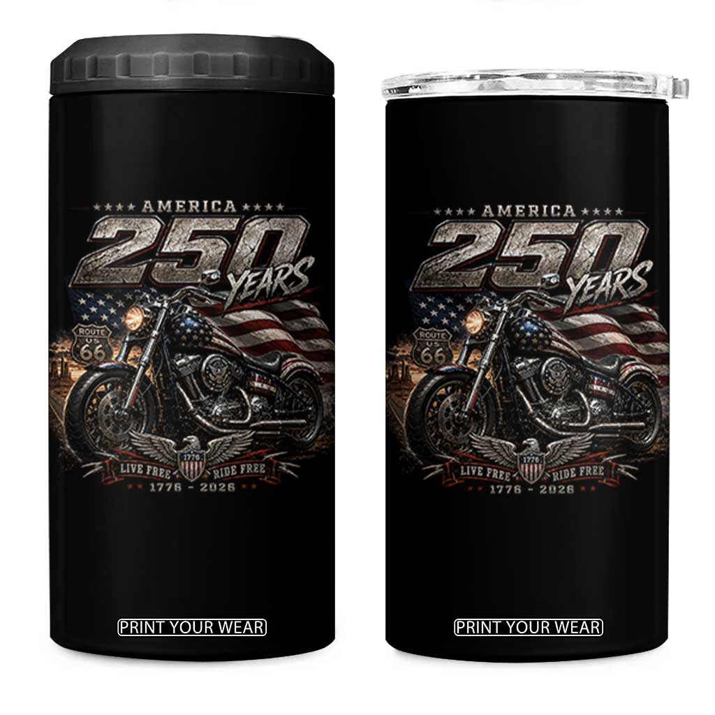 Retro Biker USA 250th Anniversary 4 in 1 Can Cooler Tumbler Vintage Motorcycle American Flag Route 66 Highway