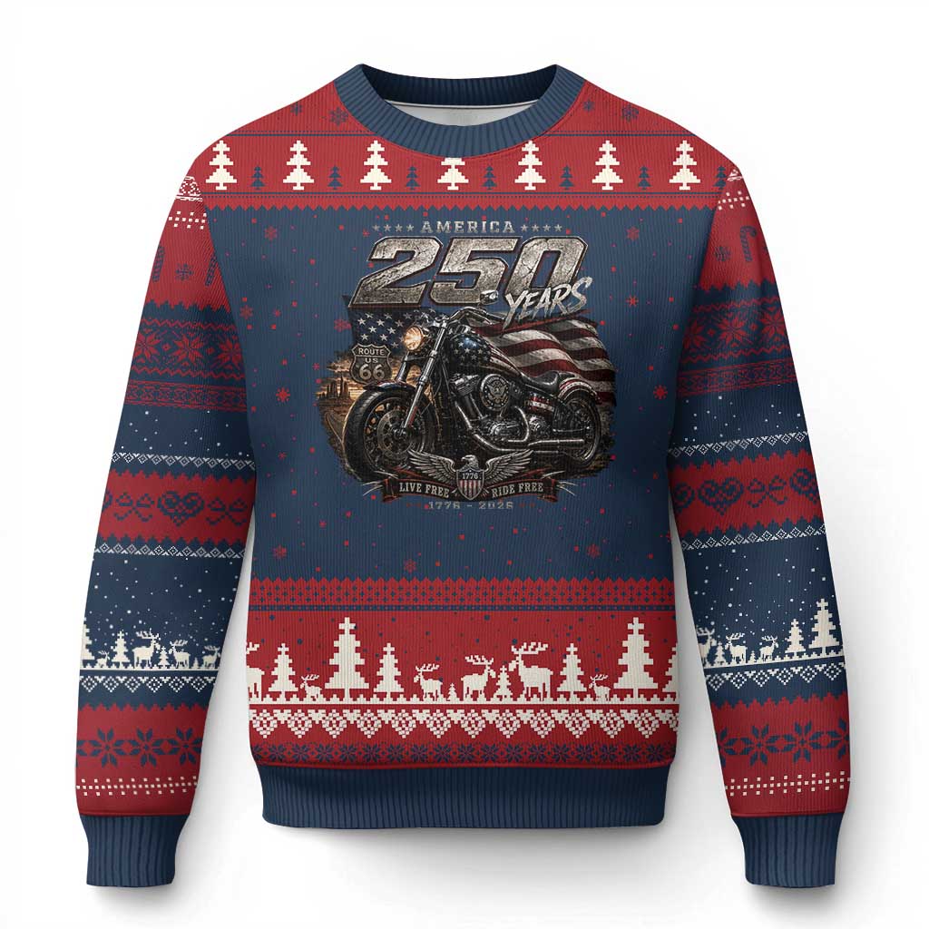 Retro Biker USA 250th Anniversary Ugly Christmas Sweater Vintage Motorcycle American Flag Route 66 Highway TS10 Navy Red Print Your Wear