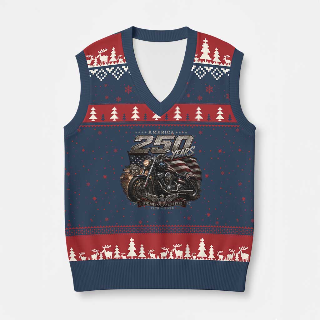 Retro Biker USA 250th Anniversary V-Neck Knit Sweater Vest Vintage Motorcycle American Flag Route 66 Highway