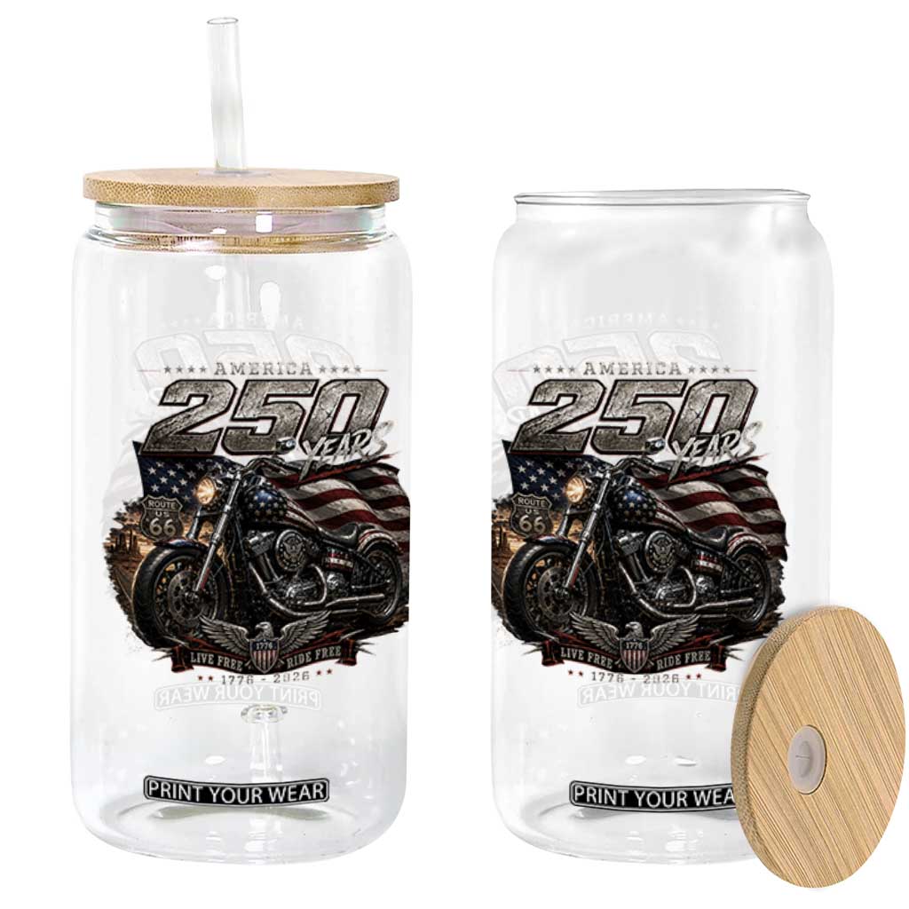 Retro Biker USA 250th Anniversary Glass Can Vintage Motorcycle American Flag Route 66 Highway