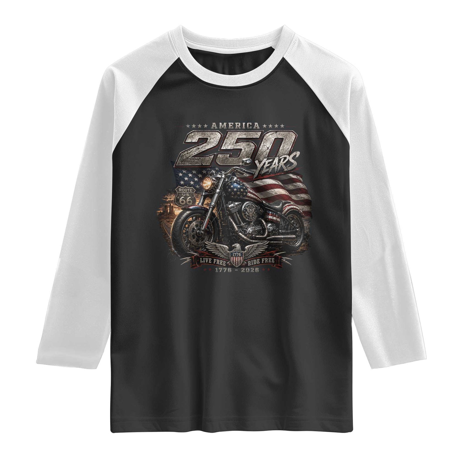 Retro Biker USA 250th Anniversary Raglan Shirt Vintage Motorcycle American Flag Route 66 Highway TS10 Black White Print Your Wear