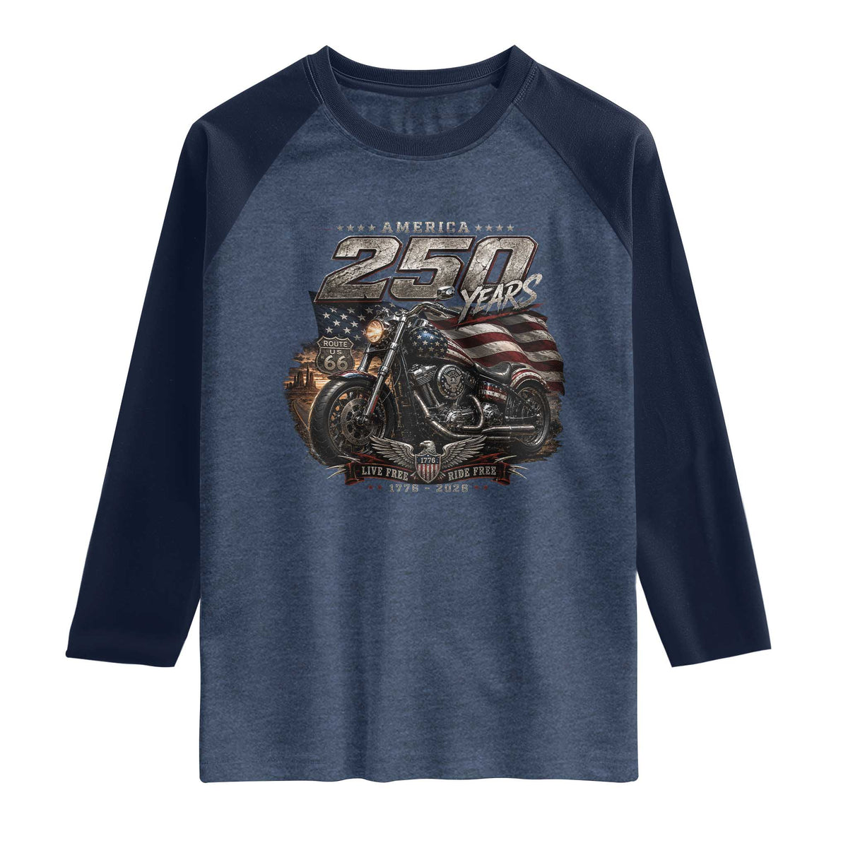 Retro Biker USA 250th Anniversary Raglan Shirt Vintage Motorcycle American Flag Route 66 Highway