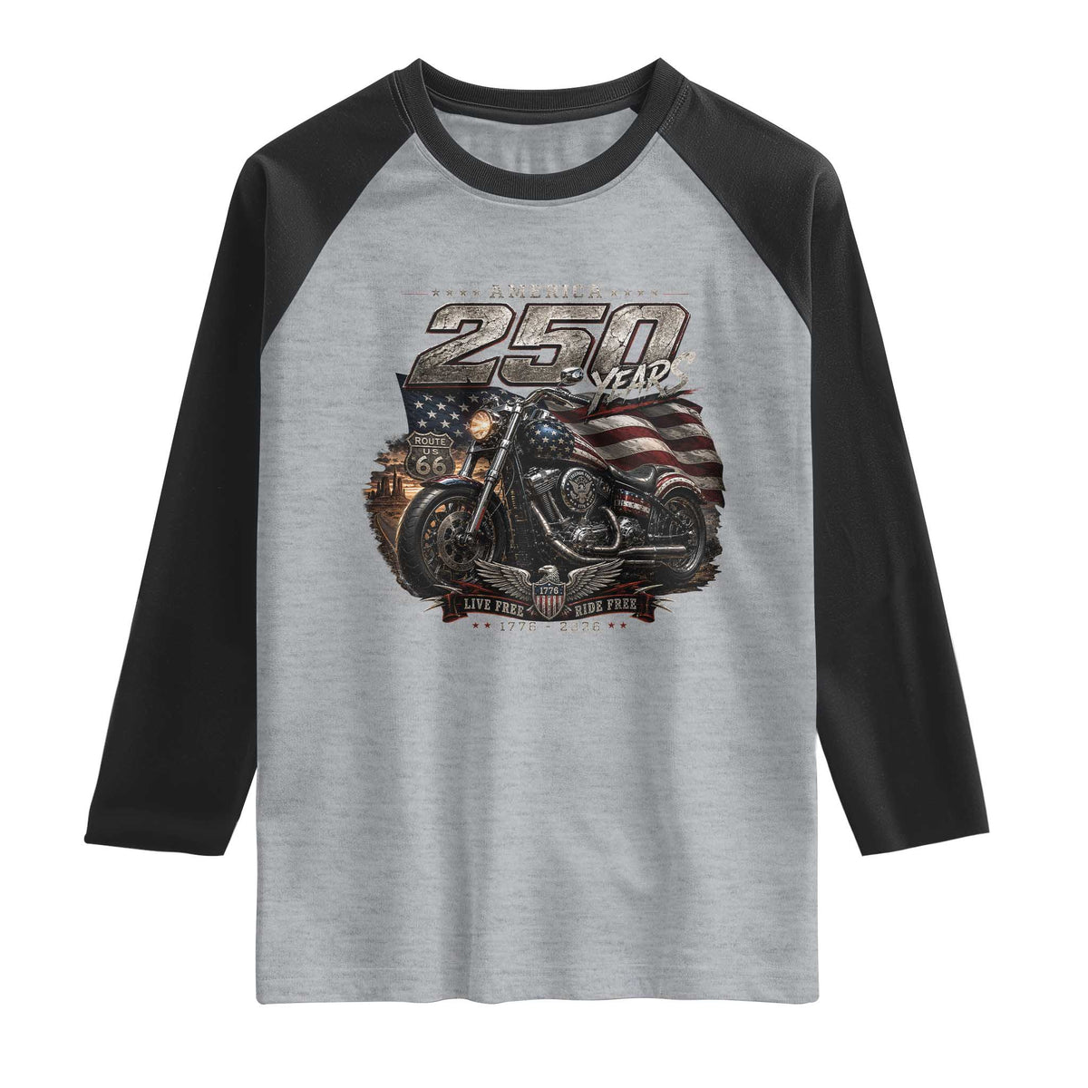 Retro Biker USA 250th Anniversary Raglan Shirt Vintage Motorcycle American Flag Route 66 Highway