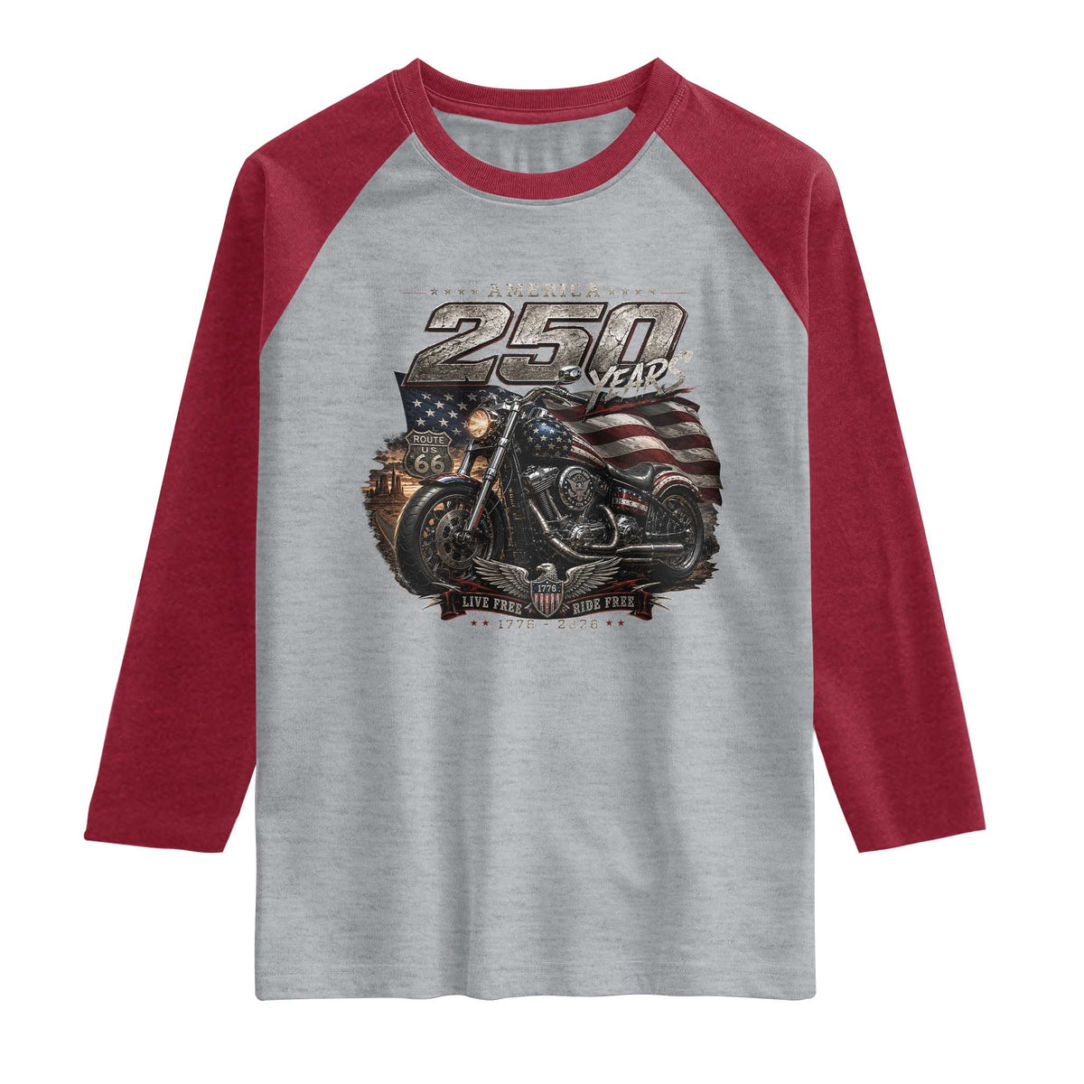 Retro Biker USA 250th Anniversary Raglan Shirt Vintage Motorcycle American Flag Route 66 Highway