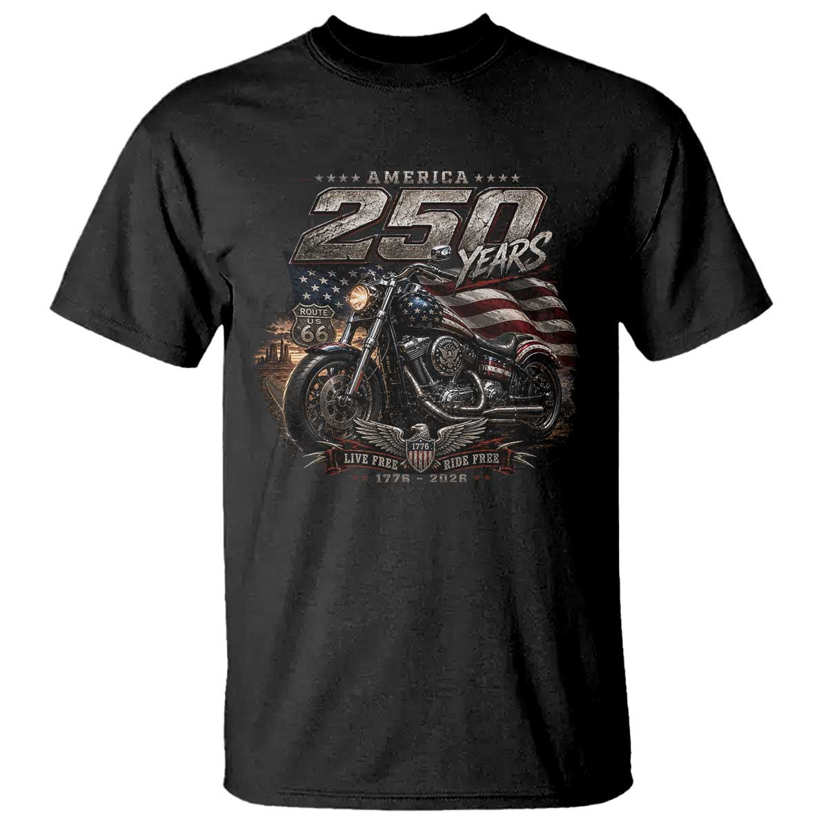 Retro Biker USA 250th Anniversary T Shirt Vintage Motorcycle American Flag Route 66 Highway