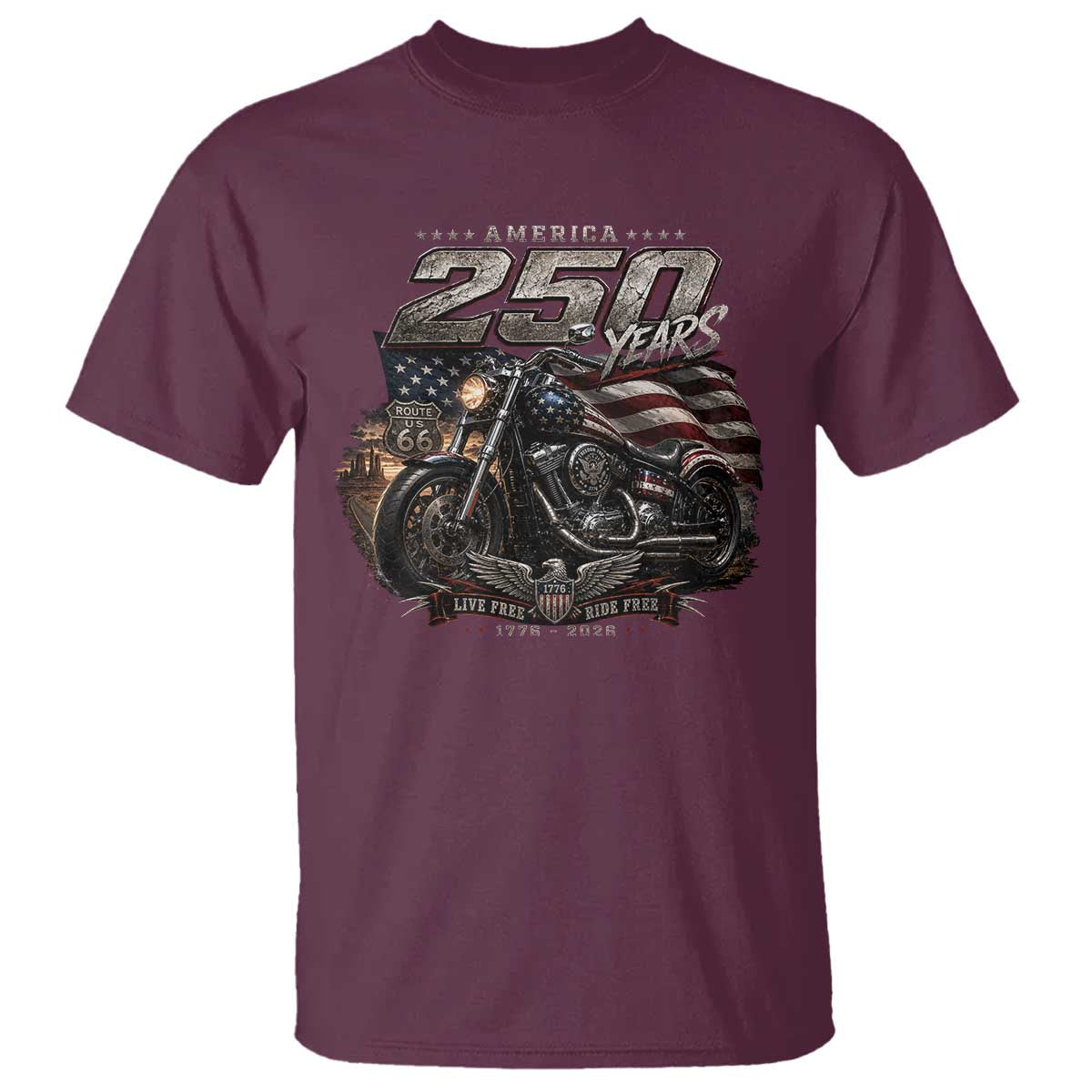 Retro Biker USA 250th Anniversary T Shirt Vintage Motorcycle American Flag Route 66 Highway