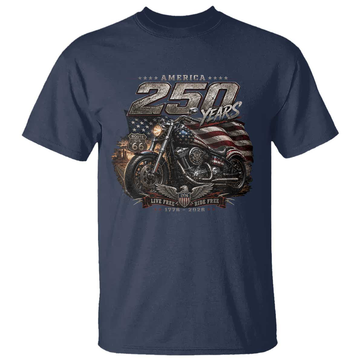 Retro Biker USA 250th Anniversary T Shirt Vintage Motorcycle American Flag Route 66 Highway
