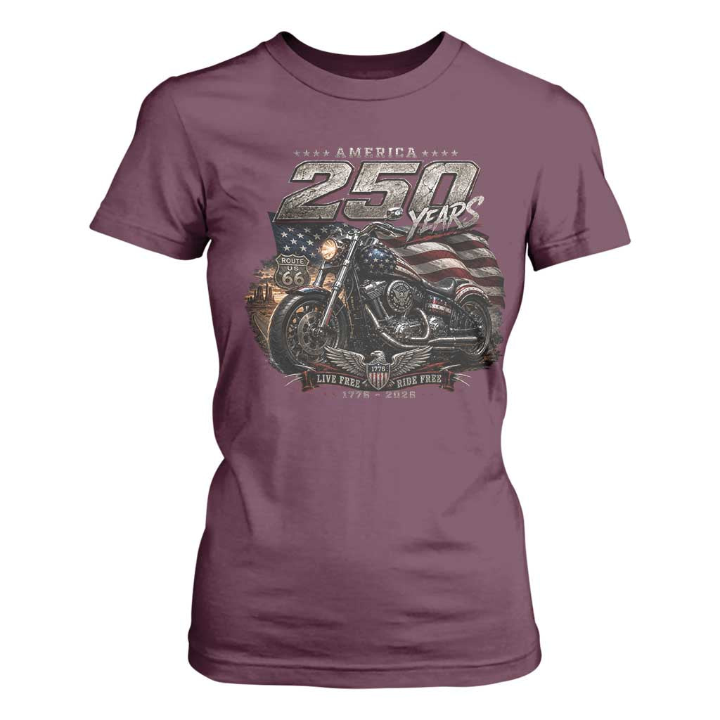 Retro Biker USA 250th Anniversary T Shirt For Women Vintage Motorcycle American Flag Route 66 Highway