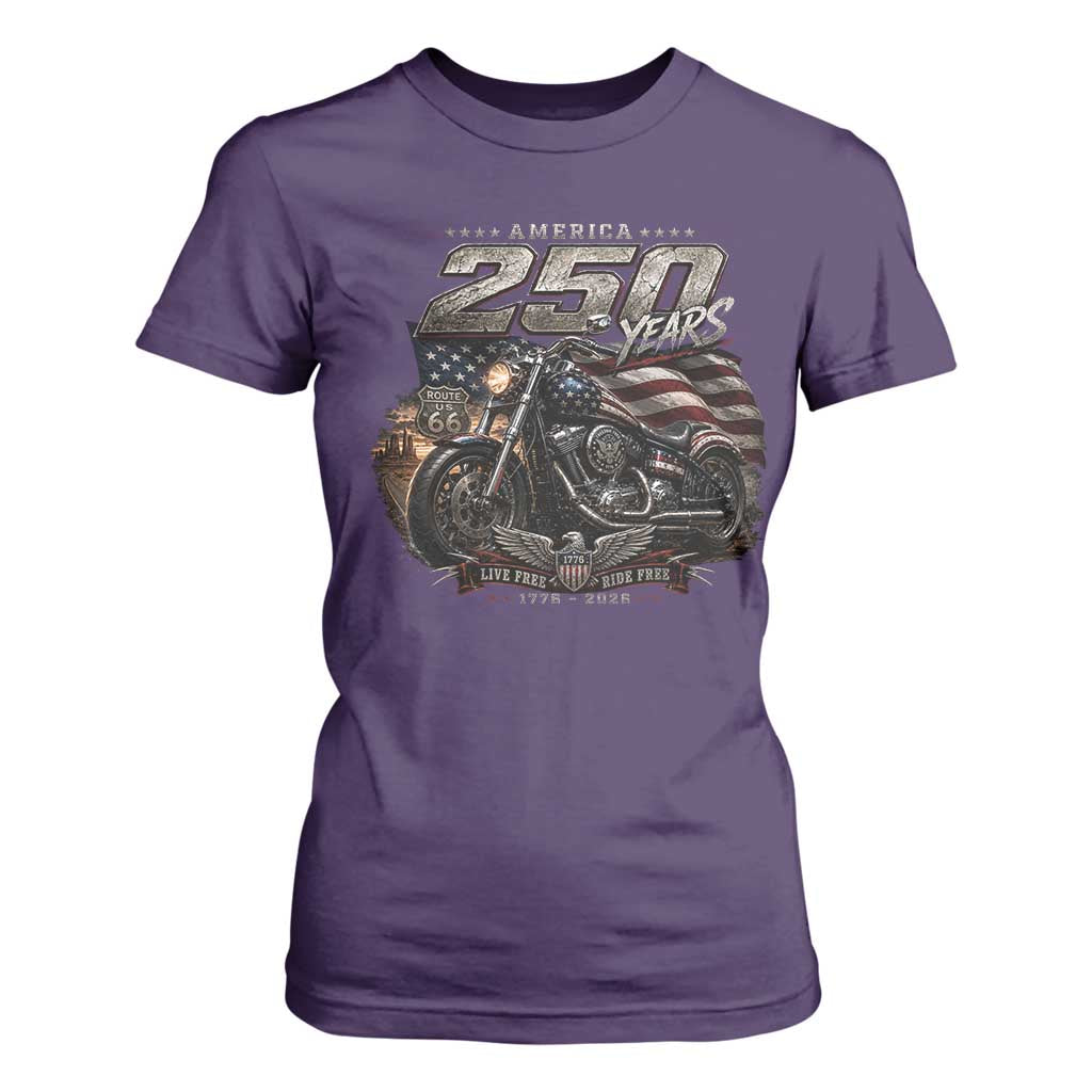 Retro Biker USA 250th Anniversary T Shirt For Women Vintage Motorcycle American Flag Route 66 Highway
