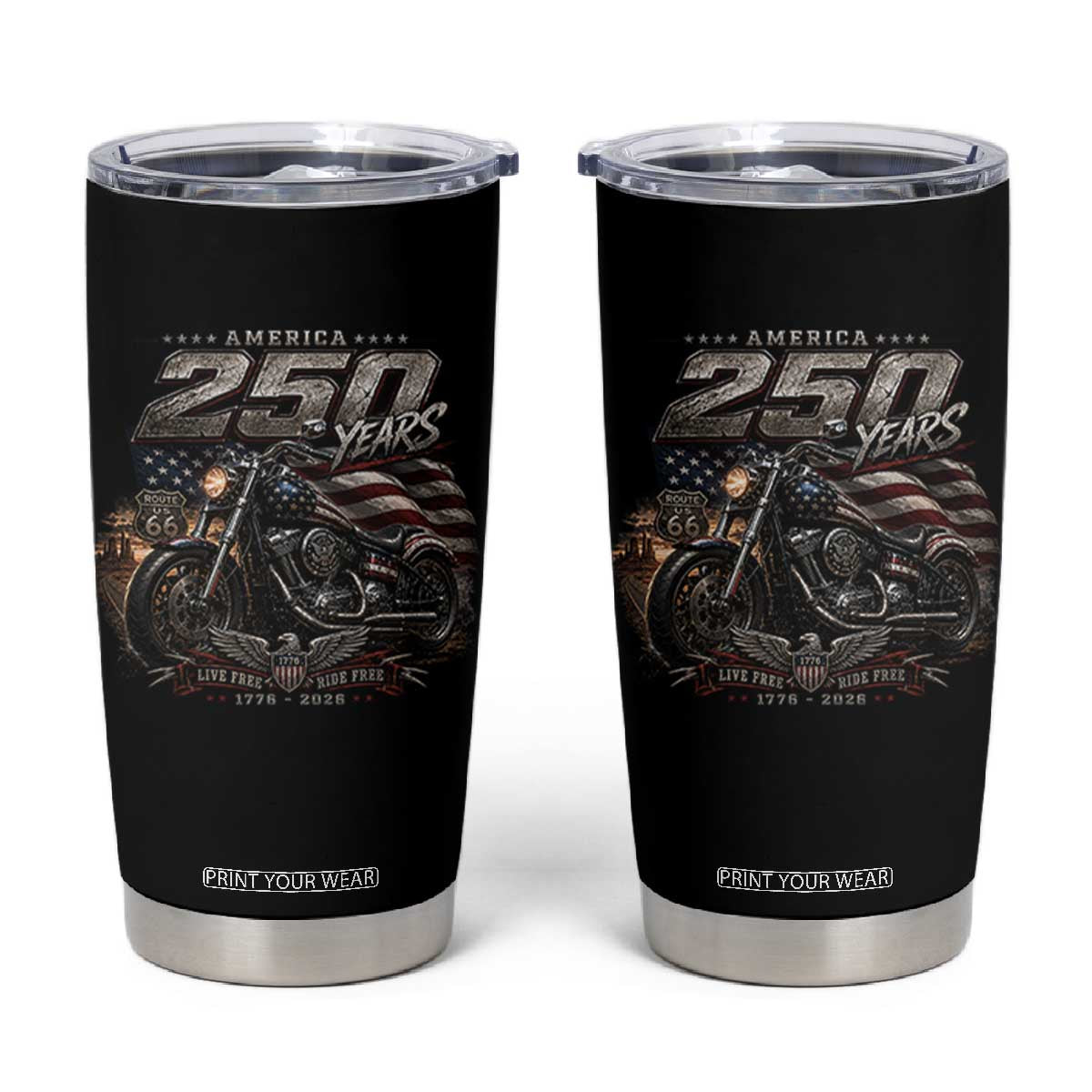Retro Biker USA 250th Anniversary Tumbler Cup Vintage Motorcycle American Flag Route 66 Highway