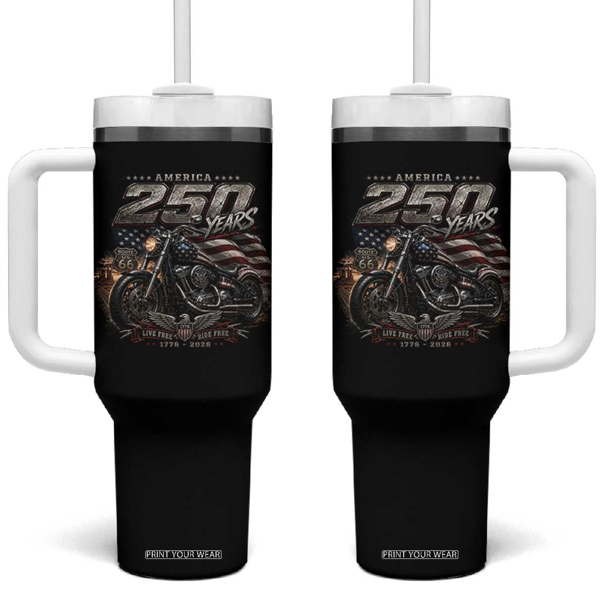 Retro Biker USA 250th Anniversary Tumbler With Handle Vintage Motorcycle American Flag Route 66 Highway