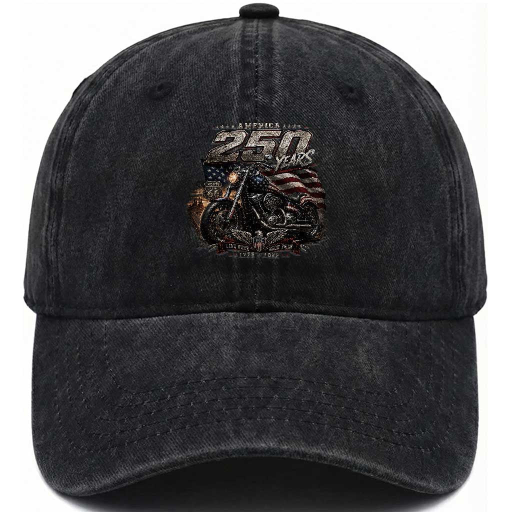 Retro Biker USA 250th Anniversary Washed Cotton Baseball Cap Vintage Motorcycle American Flag Route 66 Highway