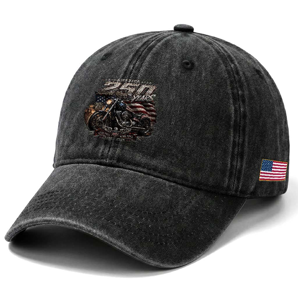 Retro Biker USA 250th Anniversary Washed Cotton Baseball Cap Vintage Motorcycle American Flag Route 66 Highway